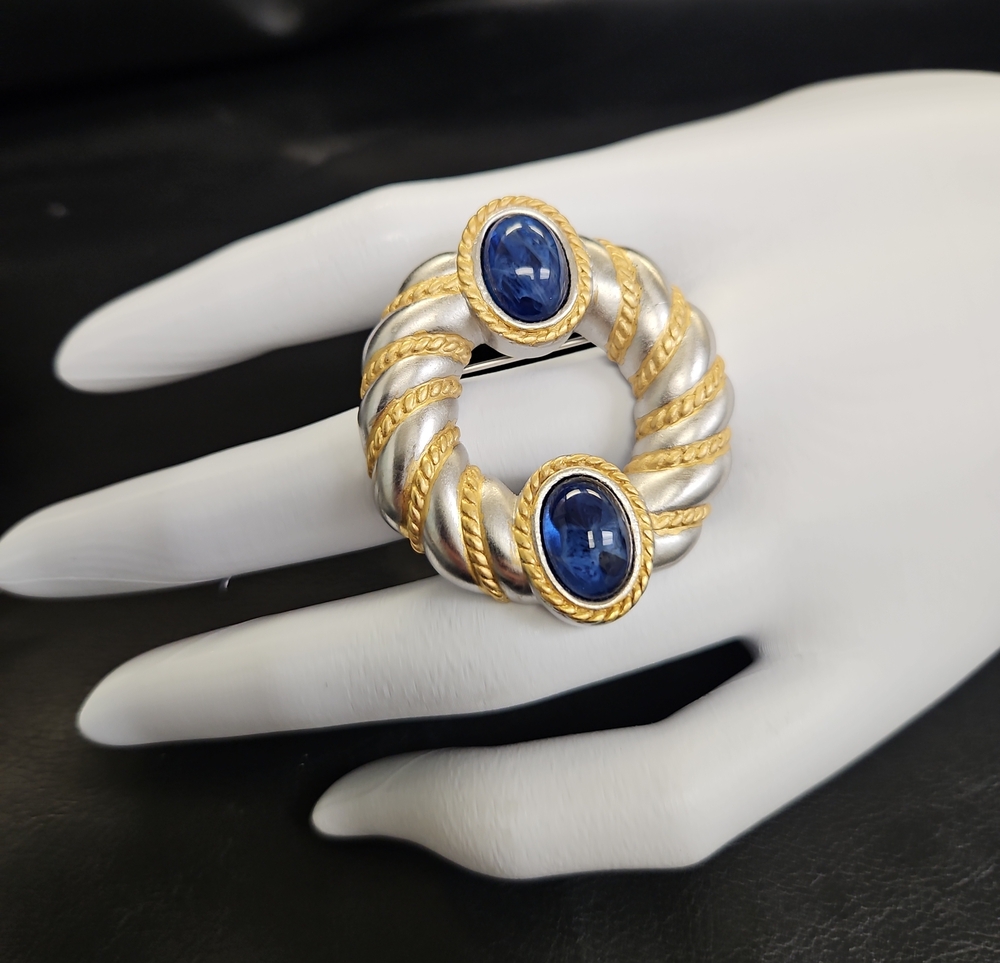 Gold & Silver Tone Blue Cabochon Circle Brooch - Women Jewelry